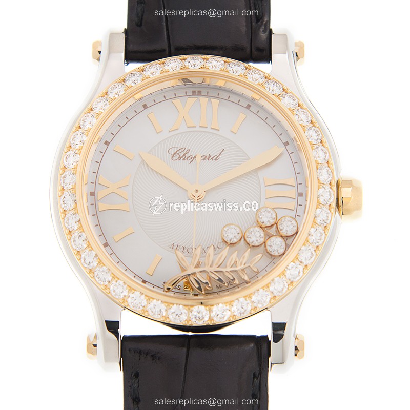Chopard Happy Diamonds Replica - Automatic - 18kt Gold - White Dial - Black Alligator Strap - Luxury Replica HAPPY DIAMONDS Watch